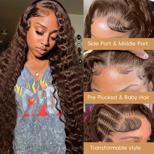 Deep Wave Lace Front Wig 180 Density Chocolate Brown Lace